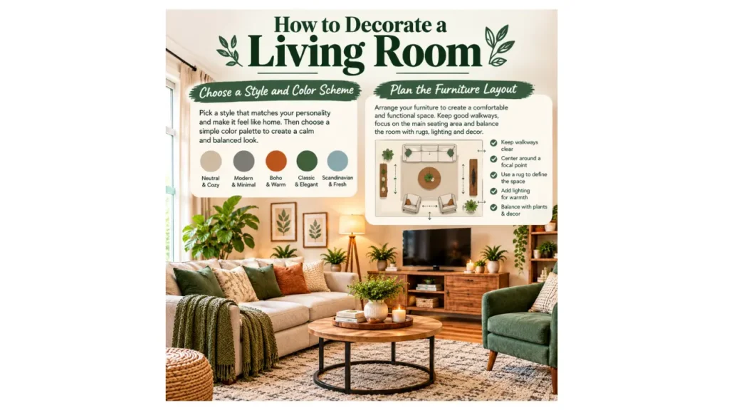 Cozy living room decorated with neutral furniture, green accents, indoor plants, and warm lighting.