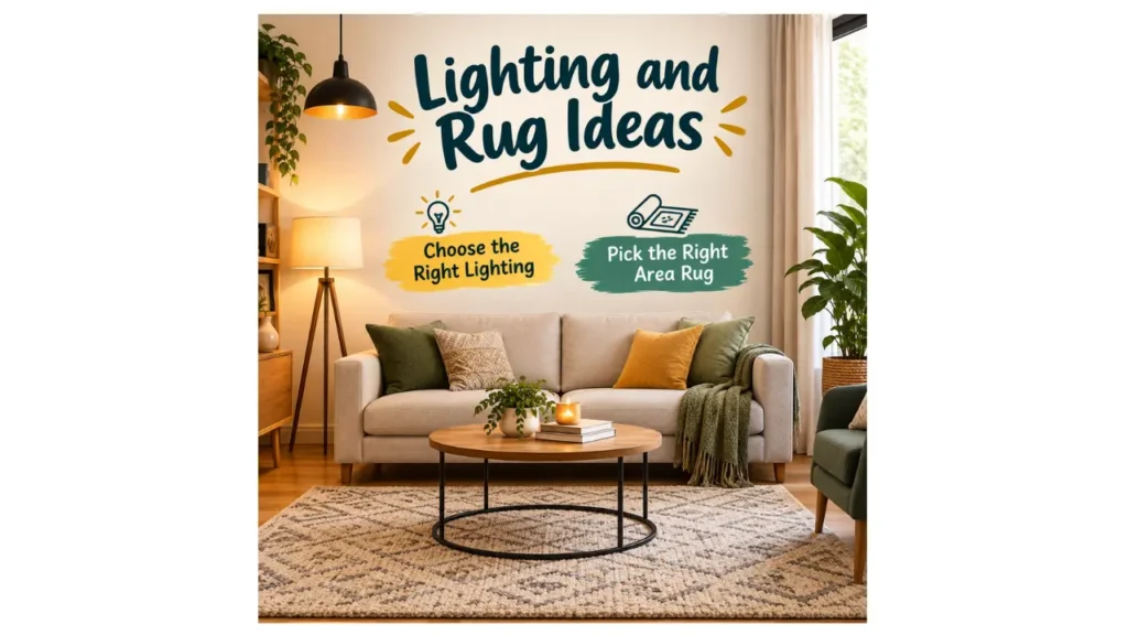 Lighting and rug ideas for a cozy living room featuring a floor lamp, pendant light, beige sofa, coffee table, and patterned area rug.