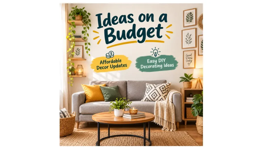 Budget-friendly living room decorating ideas featuring affordable decor updates, DIY accents, plants, wall art, cozy furniture, and simple stylish accessories.