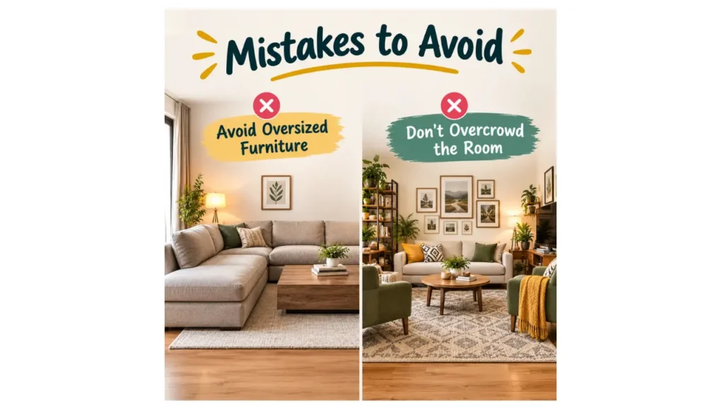 Living room decorating mistakes to avoid, showing oversized furniture and an overcrowded room with too many furnishings and decor items.