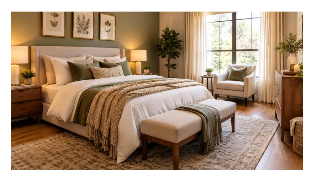 Modern cozy bedroom with a stylish upholstered bed, layered neutral bedding, warm lighting, wood furniture, plants, and a soft area rug.