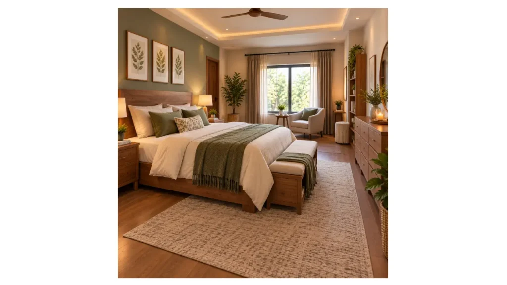Spacious cozy bedroom with a large wooden bed, soft neutral bedding, warm lighting, comfortable seating, plants, wood furniture, and a textured rug.