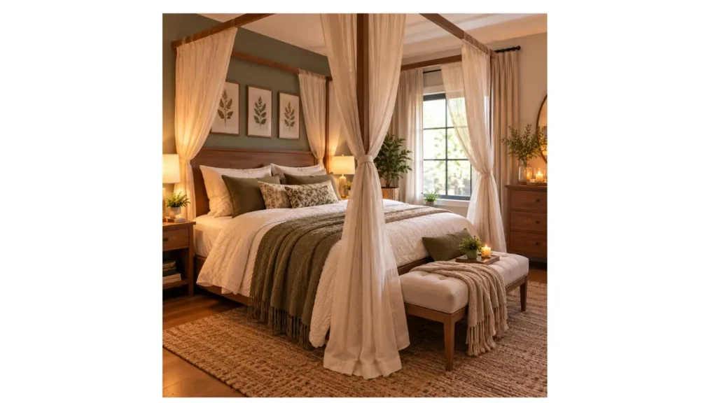 Cozy bedroom with a wooden canopy bed, layered cream and sage bedding, sheer curtains, warm lighting, plants, wooden furniture, and a textured rug.