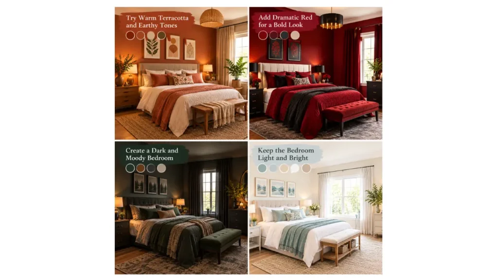 Four stylish bedroom designs showcasing warm terracotta and earthy tones, dramatic red accents, a dark moody palette, and a light bright color scheme.