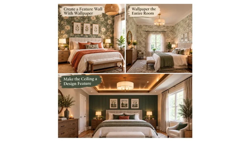 Three cozy bedroom designs featuring a botanical wallpaper feature wall, full-room wallpaper, and a wood-paneled ceiling with warm lighting and stylish decor.