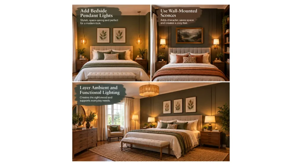 Cozy bedroom lighting ideas featuring bedside pendant lights, wall-mounted sconces, and layered ambient and functional lighting.