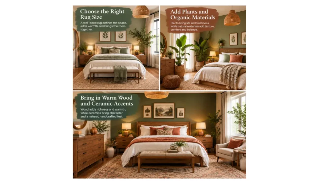 Cozy bedroom decor featuring a large area rug, lush green plants, natural woven materials, warm wood furniture, ceramic accents, and layered neutral bedding.