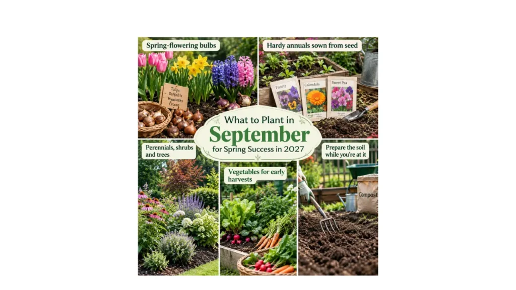 September gardening collage featuring spring-flowering bulbs, hardy annuals, perennials, shrubs and trees, early-harvest vegetables, and prepared soil with compost.