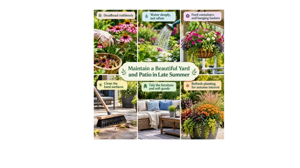 Late summer yard and patio maintenance collage showing deadheading flowers, deep watering, feeding hanging baskets, cleaning hard surfaces, tidying outdoor furniture, and refreshing plants for autumn.