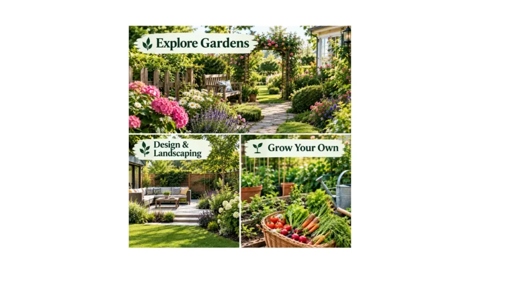 Realistic garden collage featuring a beautiful landscaped garden, outdoor patio design, and a vegetable garden with fresh homegrown produce.