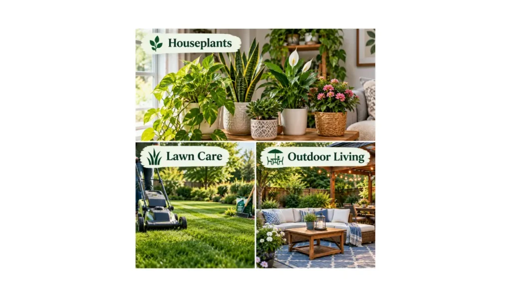 Realistic collage featuring indoor houseplants, lush lawn care, and a cozy outdoor living area with patio furniture and greenery.