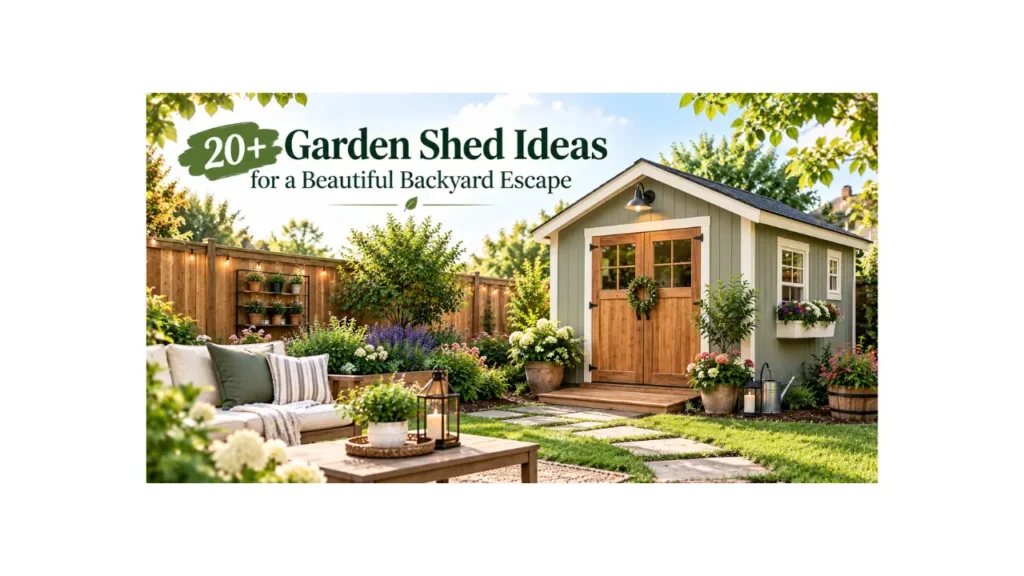 20+ garden shed ideas for a beautiful backyard escape with flowers, plants, and cozy seating.