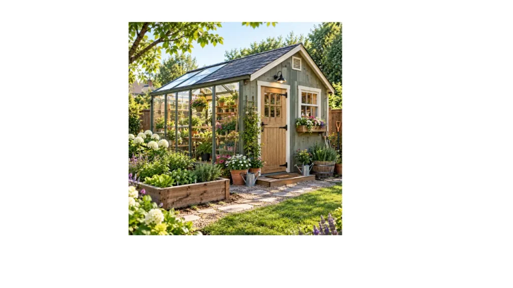 Realistic garden shed with an attached glass greenhouse, surrounded by colorful flowers, potted plants, raised garden beds, and a stone pathway.