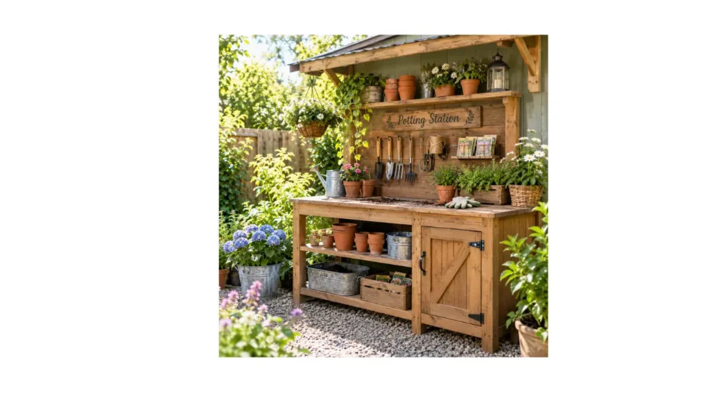 Rustic wooden potting station with terracotta pots, gardening tools, plants, watering cans, and flowers in a sunny backyard garden.
