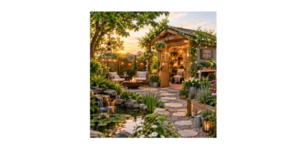Cozy creative garden retreat with a rustic wooden garden room, fire pit seating, lush plants, flowers, warm lanterns, and a small pond with a waterfall.
