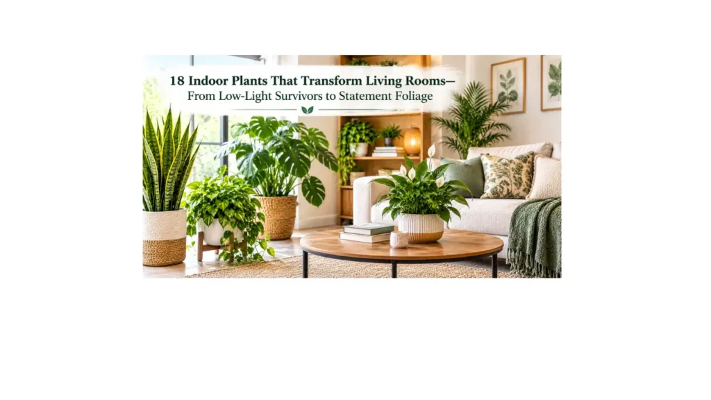 18 indoor plants transforming a cozy living room, featuring low-light plants, lush statement foliage, and stylish modern decor.