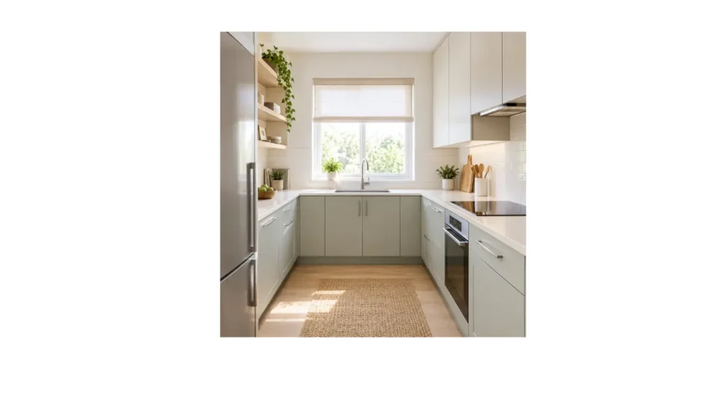 Bright minimalist kitchen with soft-colored cabinetry, simple cabinet designs, light countertops, and natural daylight