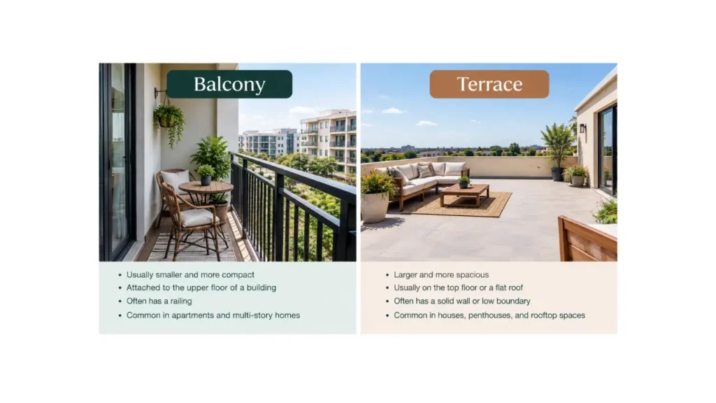Balcony vs terrace comparison showing the key differences between a compact apartment balcony and a spacious rooftop terrace.