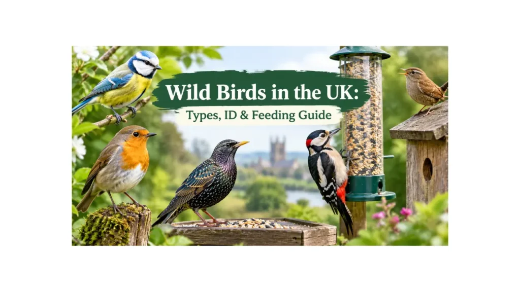 Wild Birds in the UK – Blue Tit, Robin, Starling, Woodpecker, Bird Feeder & Nesting Box in a Garden Wild birds in the UK featuring a blue tit, robin, starling, woodpecker, bird feeder, and nesting box in a garden.