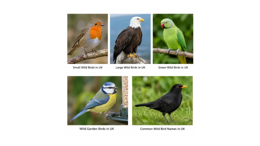 Collection of common UK wild birds including a robin, bird of prey, green parakeet, blue tit, and blackbird in natural outdoor habitats.