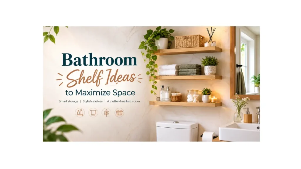Bathroom shelf ideas to maximize space with wooden floating shelves, towels, plants, baskets, toiletries, and stylish bathroom decor.