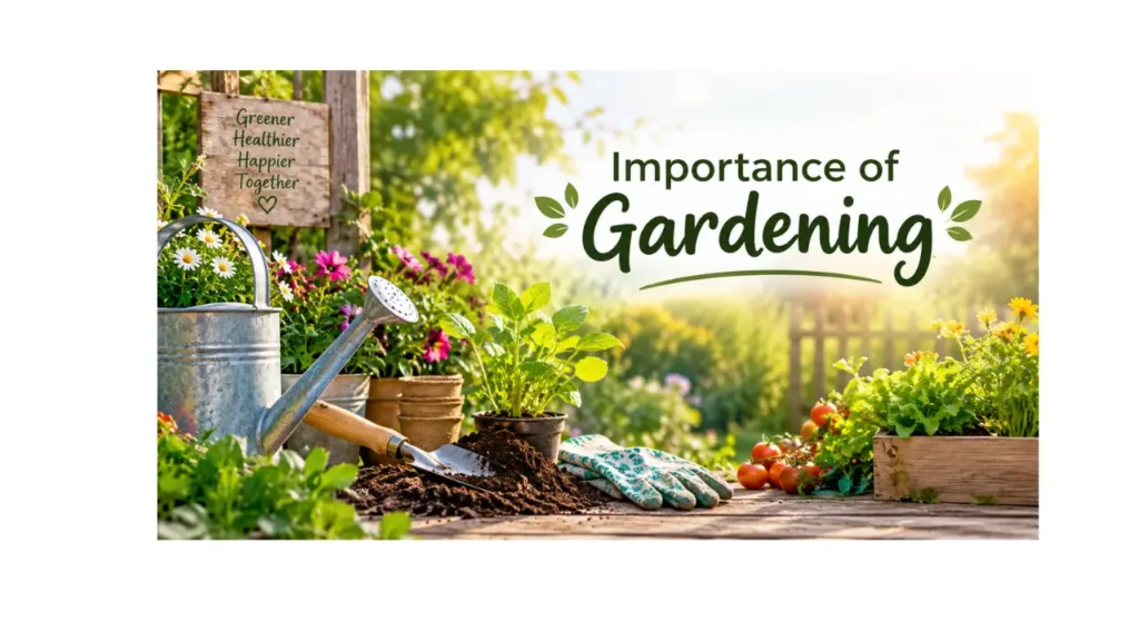 : Importance of gardening with colorful flowers, fresh vegetables, gardening tools, and plants in a sunny garden.