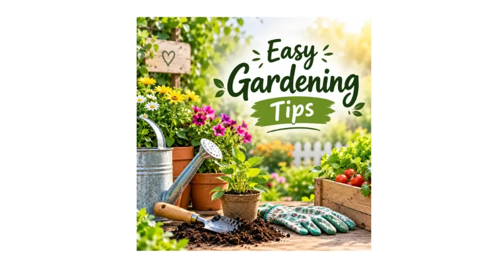 Easy gardening tips with colorful flowers, potted plants, watering can, gardening tools, gloves, and fresh vegetables in a sunny garden.
