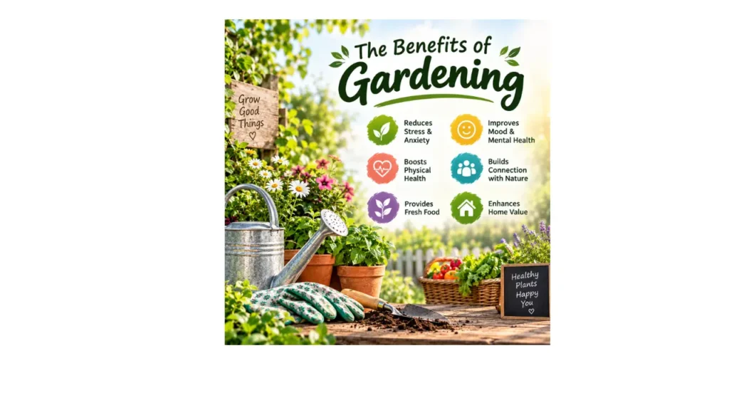 The benefits of gardening, showing colorful flowers, healthy plants, fresh vegetables, gardening tools, and benefits such as reduced stress, improved mood, physical health, and connection with nature.