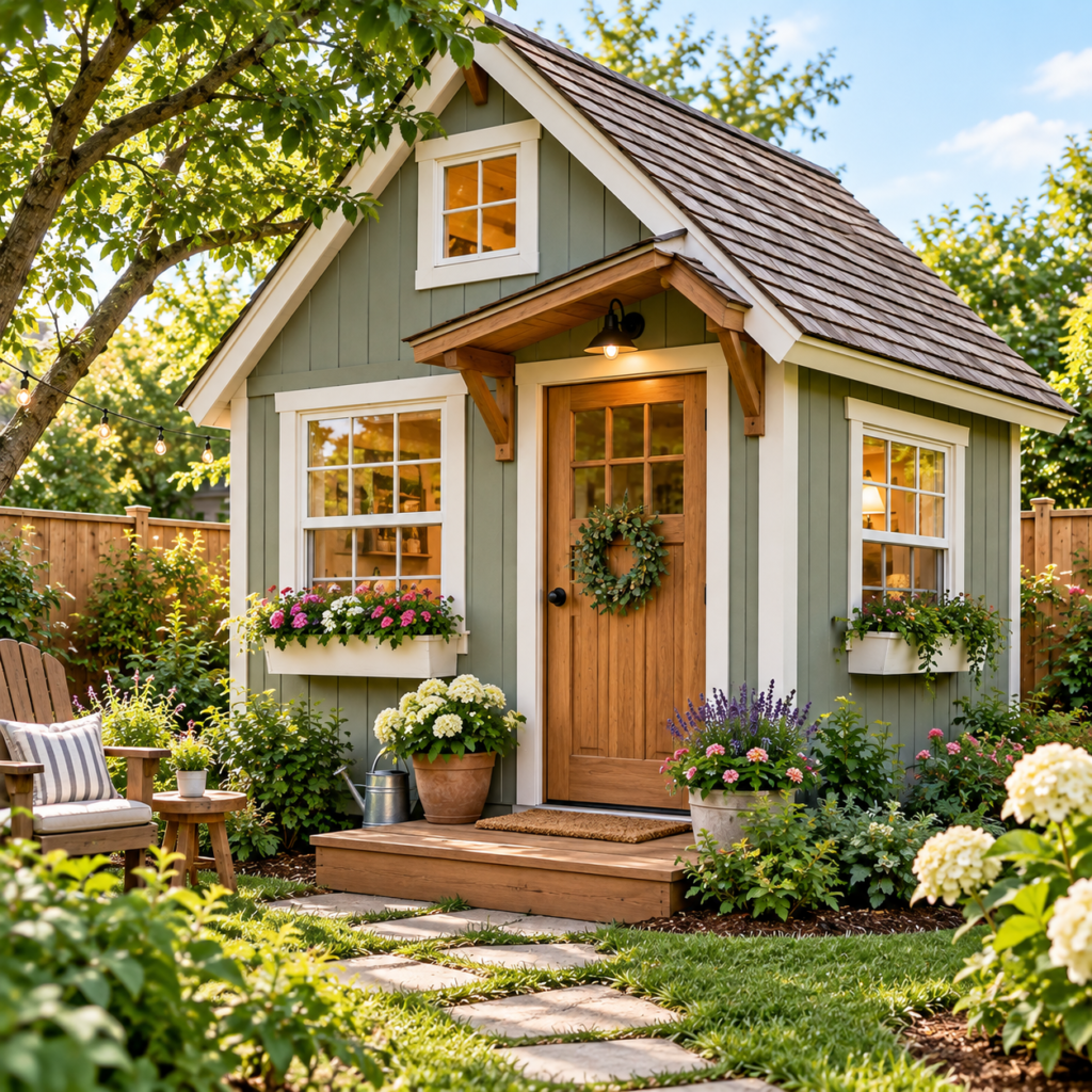 Cozy green garden shed with a wooden door, flower-filled window boxes, potted plants, and a stone pathway surrounded by lush greenery.
